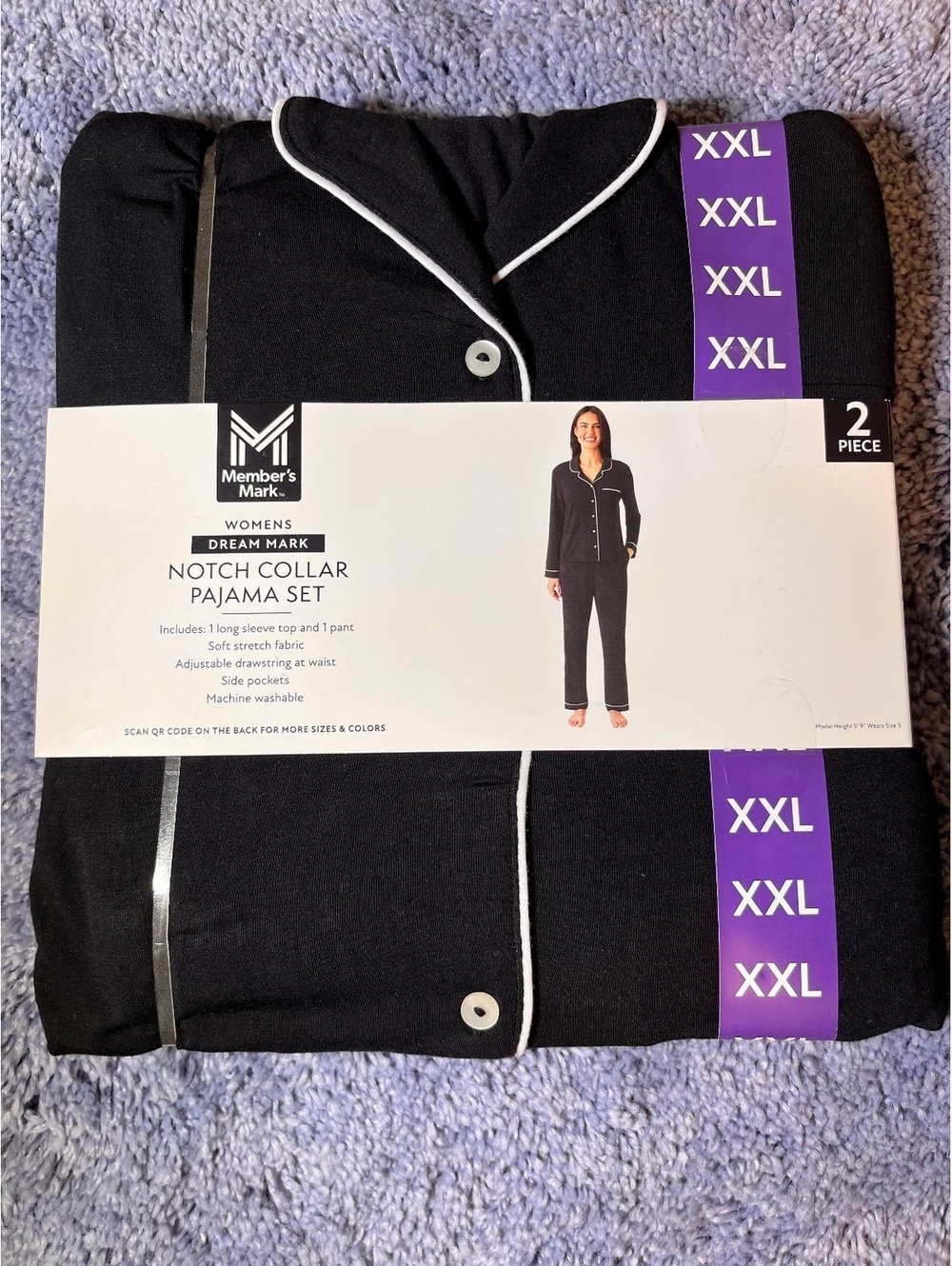 Member's Mark Women's Notch Collar Pajama Set XXL Black 2-Piece Soft Long Sleeve